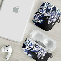 Monstera Plumeria Flowers Blue AirPods Case Polynesian Pattern