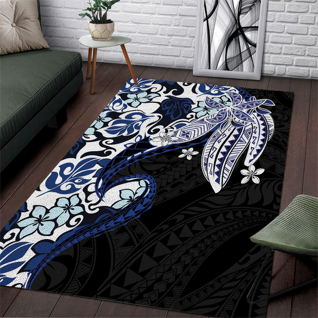 Monstera Plumeria Flowers Blue Area Rug Polynesian Pattern