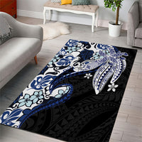 Monstera Plumeria Flowers Blue Area Rug Polynesian Pattern