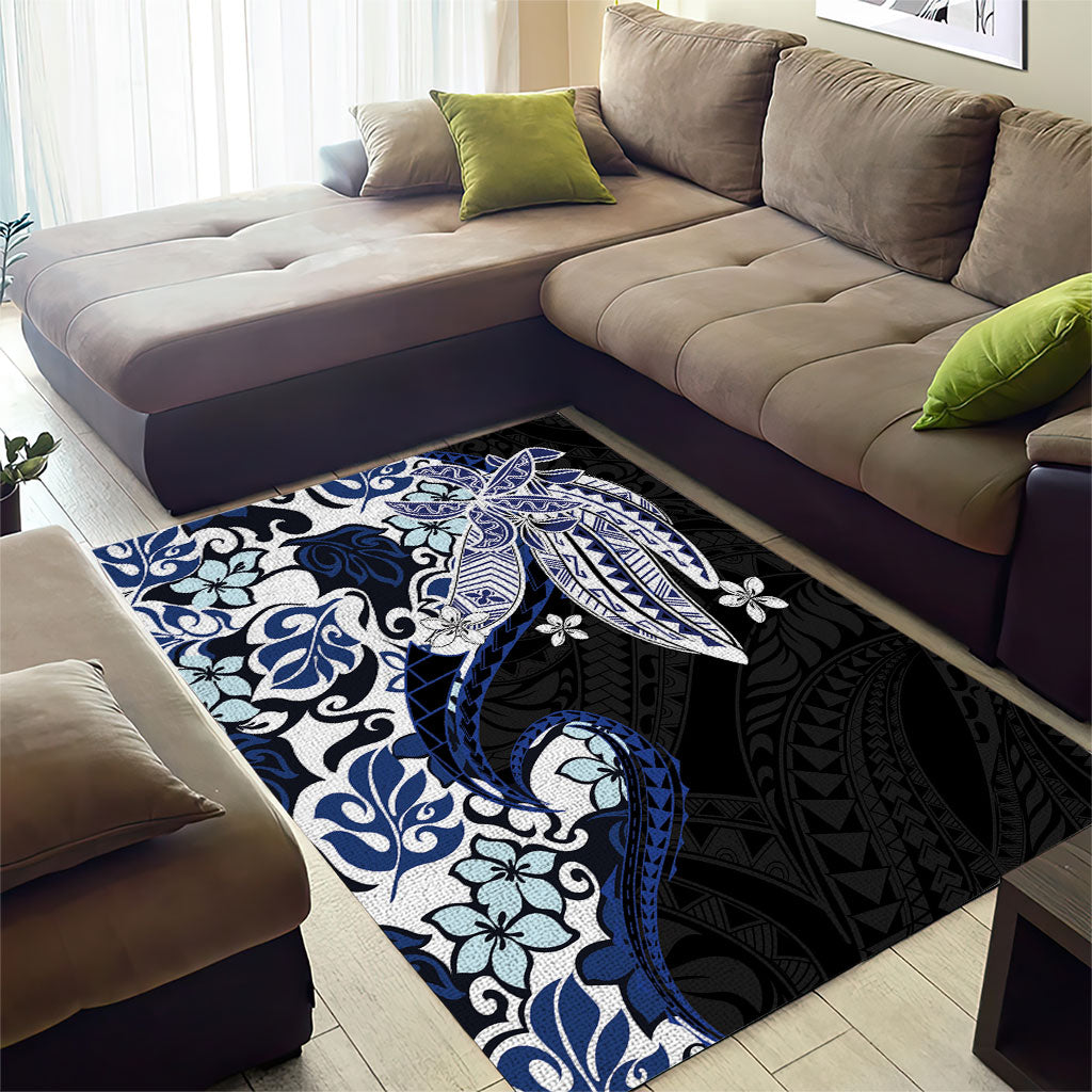 Monstera Plumeria Flowers Blue Area Rug Polynesian Pattern