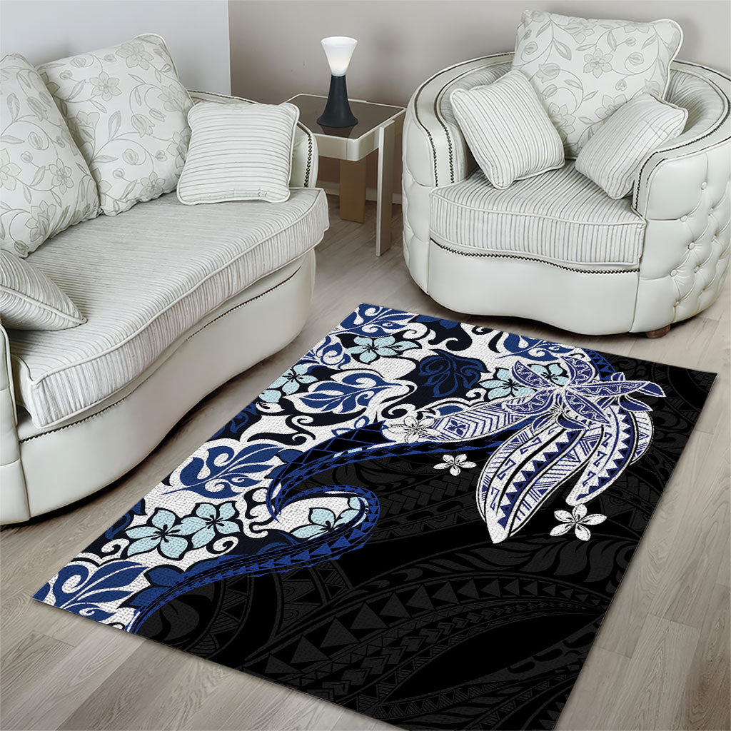 Monstera Plumeria Flowers Blue Area Rug Polynesian Pattern