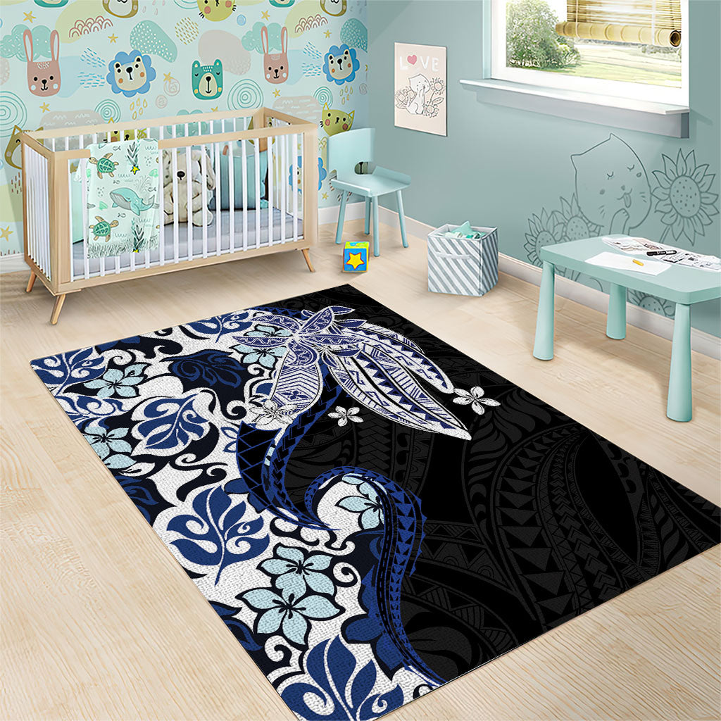 Monstera Plumeria Flowers Blue Area Rug Polynesian Pattern