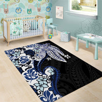 Monstera Plumeria Flowers Blue Area Rug Polynesian Pattern