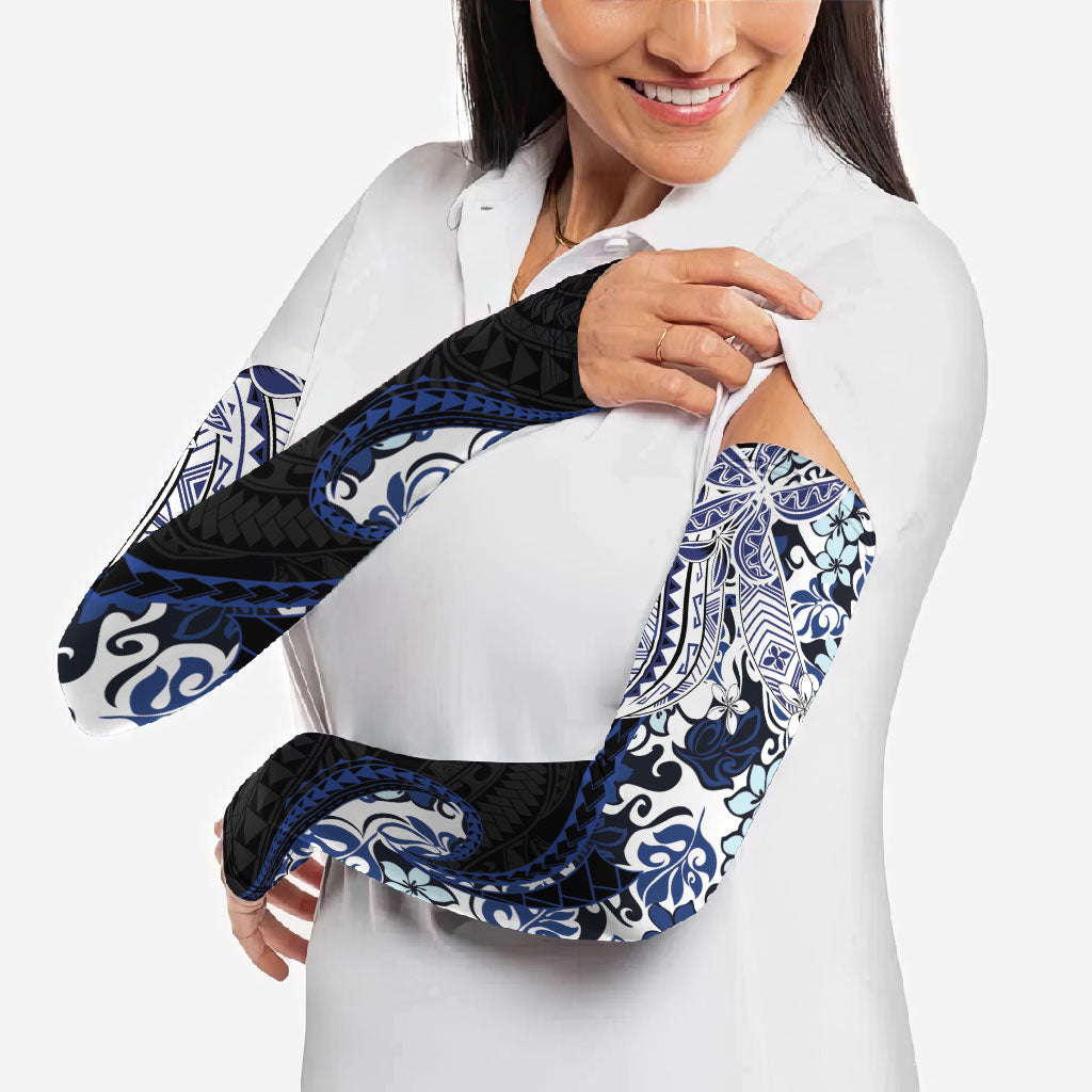 Monstera Plumeria Flowers Blue Arm Sleeves Polynesian Pattern LT01 - Polynesian Pride