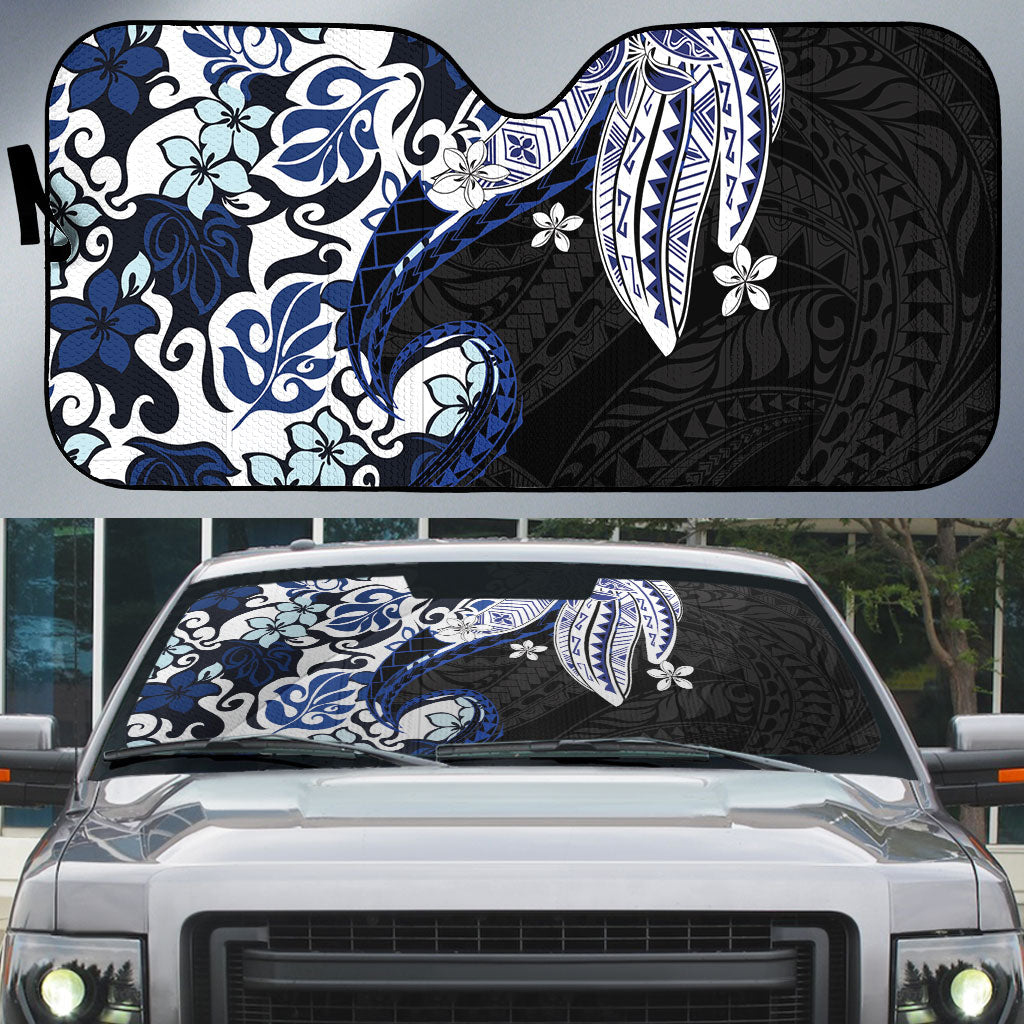 Monstera Plumeria Flowers Blue Auto Sun Shade Polynesian Pattern LT01 Blue - Polynesian Pride