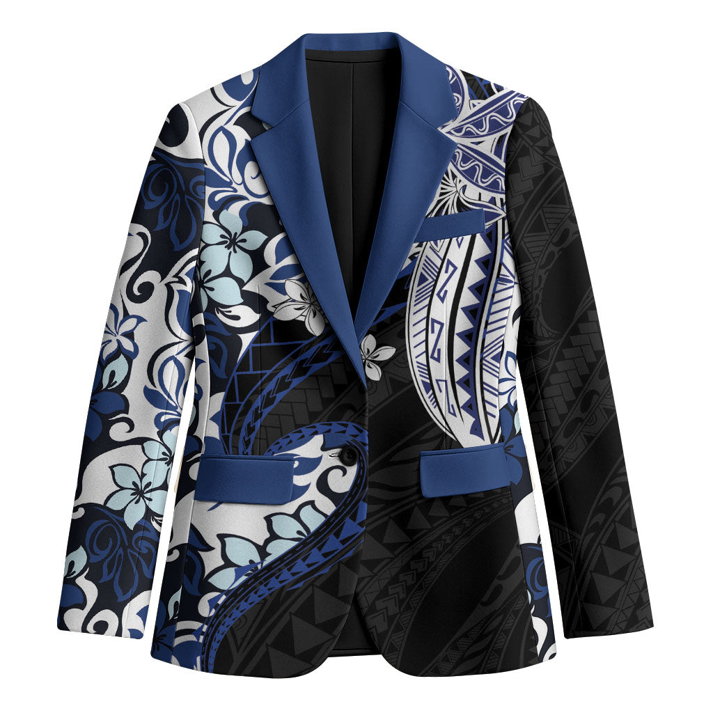 Monstera Plumeria Flowers Blue Blazer Polynesian Pattern