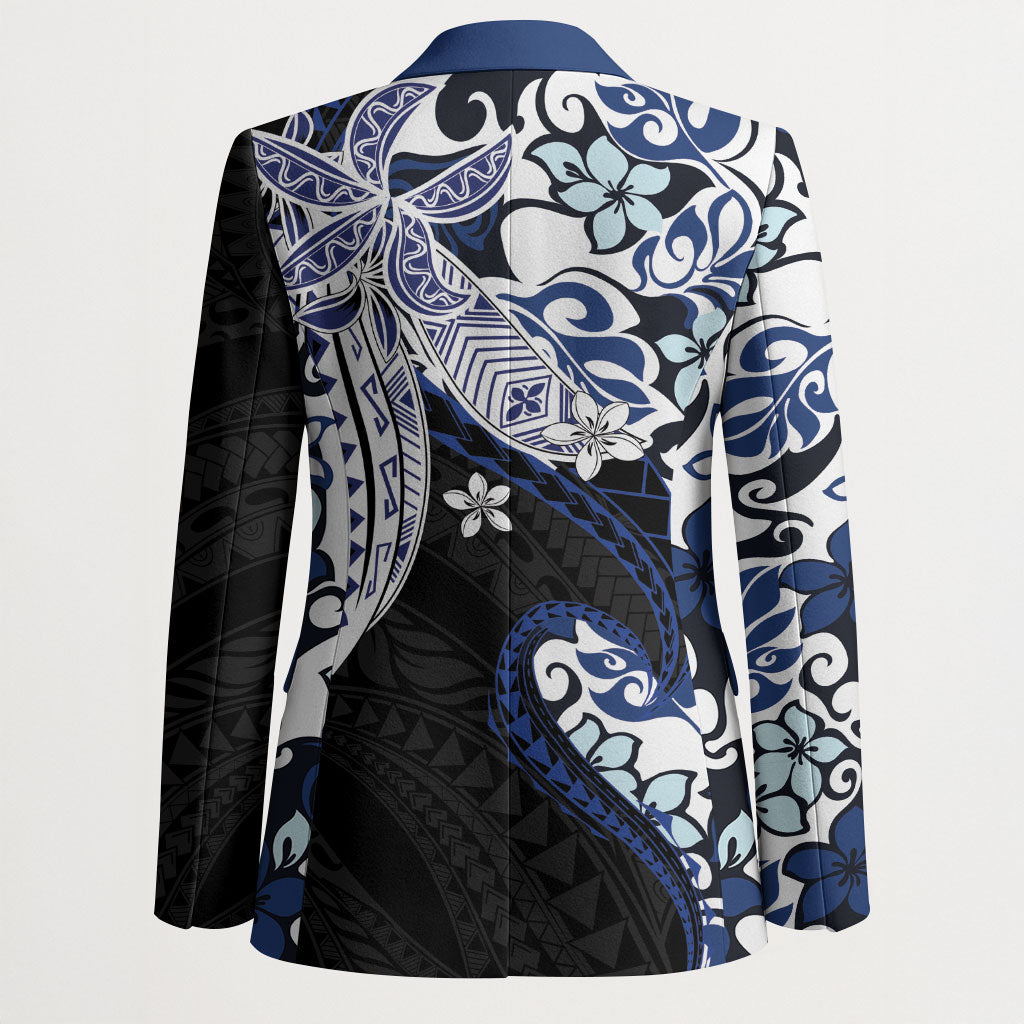Monstera Plumeria Flowers Blue Blazer Polynesian Pattern
