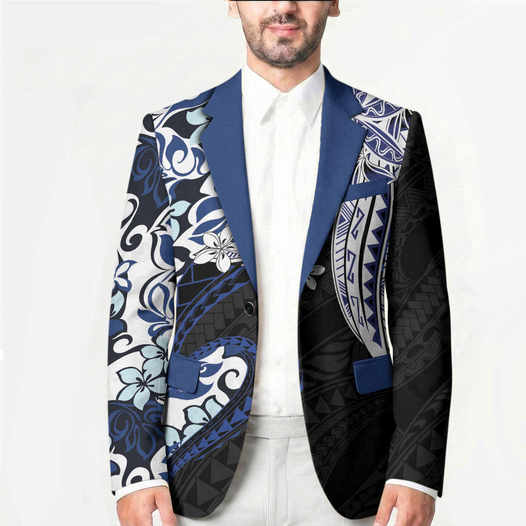 Monstera Plumeria Flowers Blue Blazer Polynesian Pattern