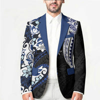 Monstera Plumeria Flowers Blue Blazer Polynesian Pattern