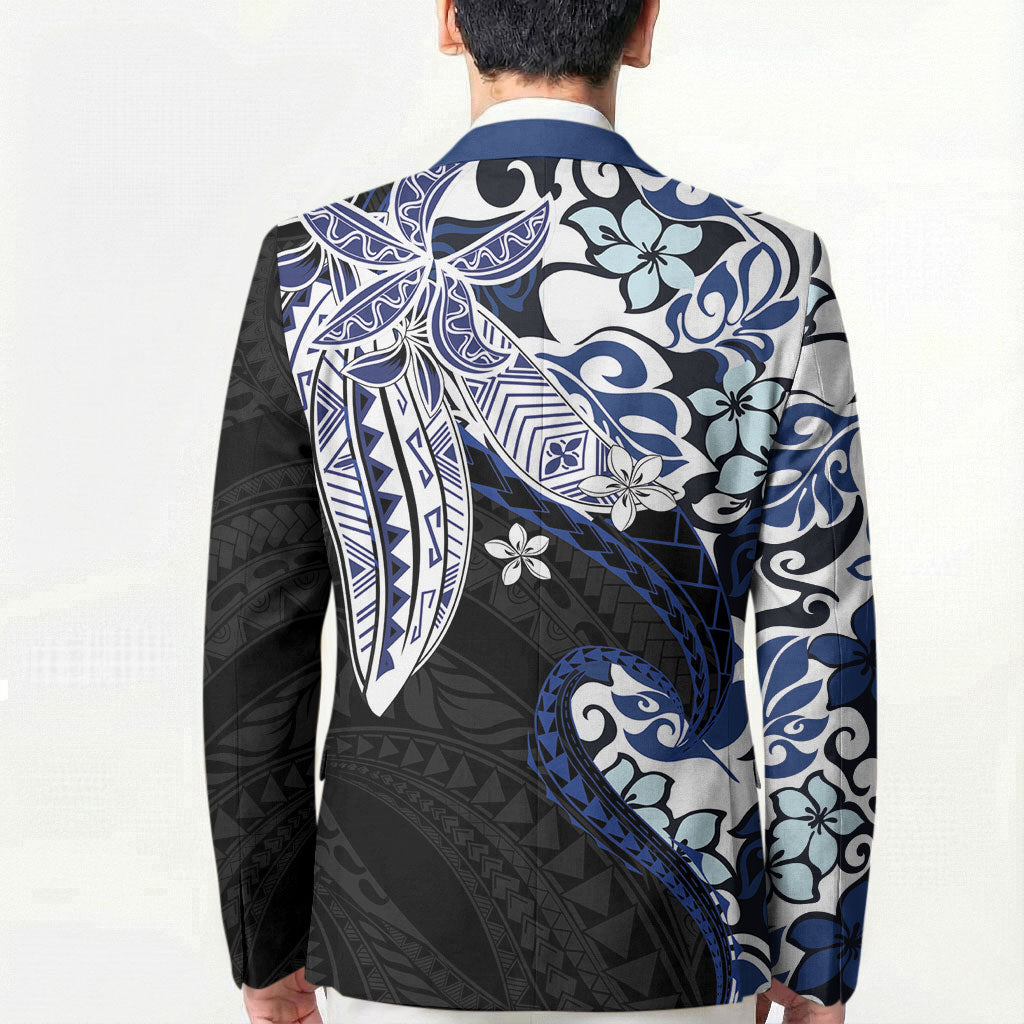 Monstera Plumeria Flowers Blue Blazer Polynesian Pattern