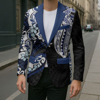 Monstera Plumeria Flowers Blue Blazer Polynesian Pattern