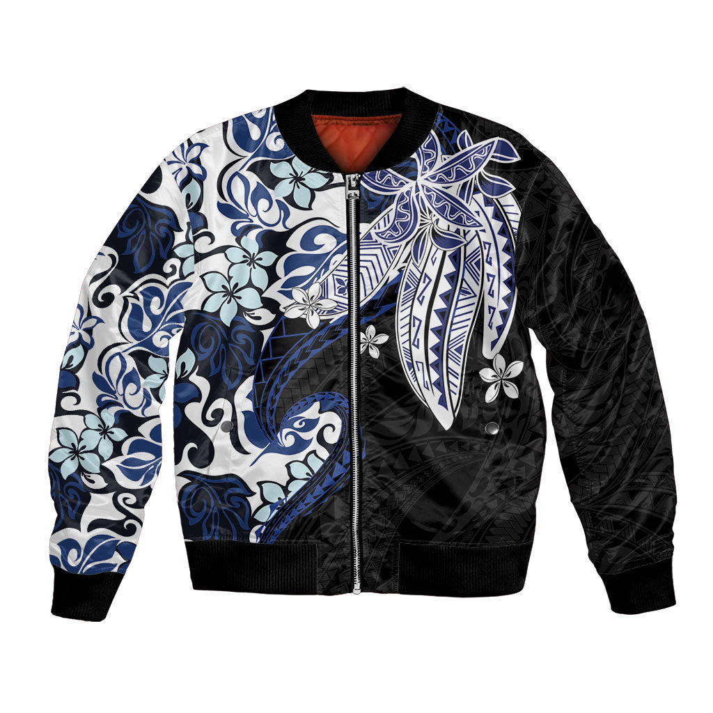 Monstera Plumeria Flowers Blue Bomber Jacket Polynesian Pattern