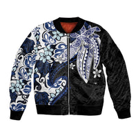 Monstera Plumeria Flowers Blue Bomber Jacket Polynesian Pattern