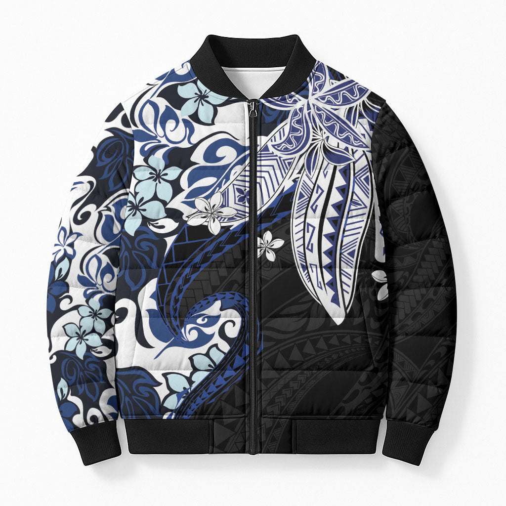 Monstera Plumeria Flowers Blue Bomber Puffer Jacket Polynesian Pattern