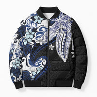 Monstera Plumeria Flowers Blue Bomber Puffer Jacket Polynesian Pattern