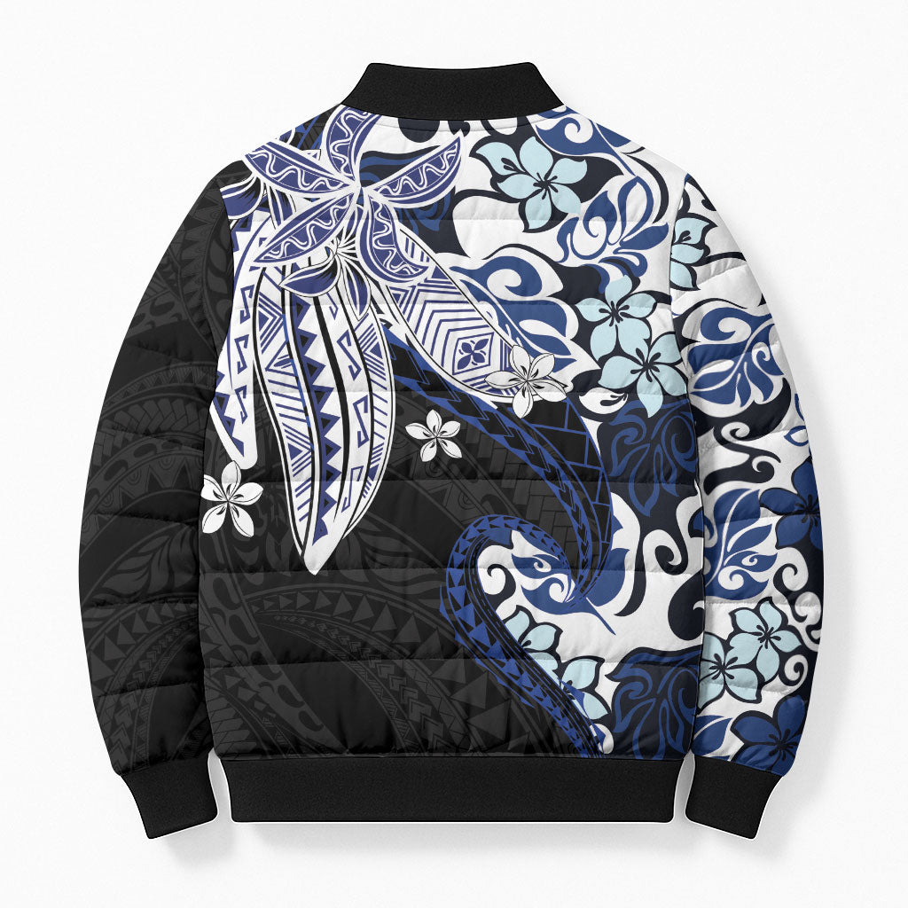 Monstera Plumeria Flowers Blue Bomber Puffer Jacket Polynesian Pattern