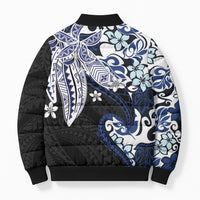 Monstera Plumeria Flowers Blue Bomber Puffer Jacket Polynesian Pattern