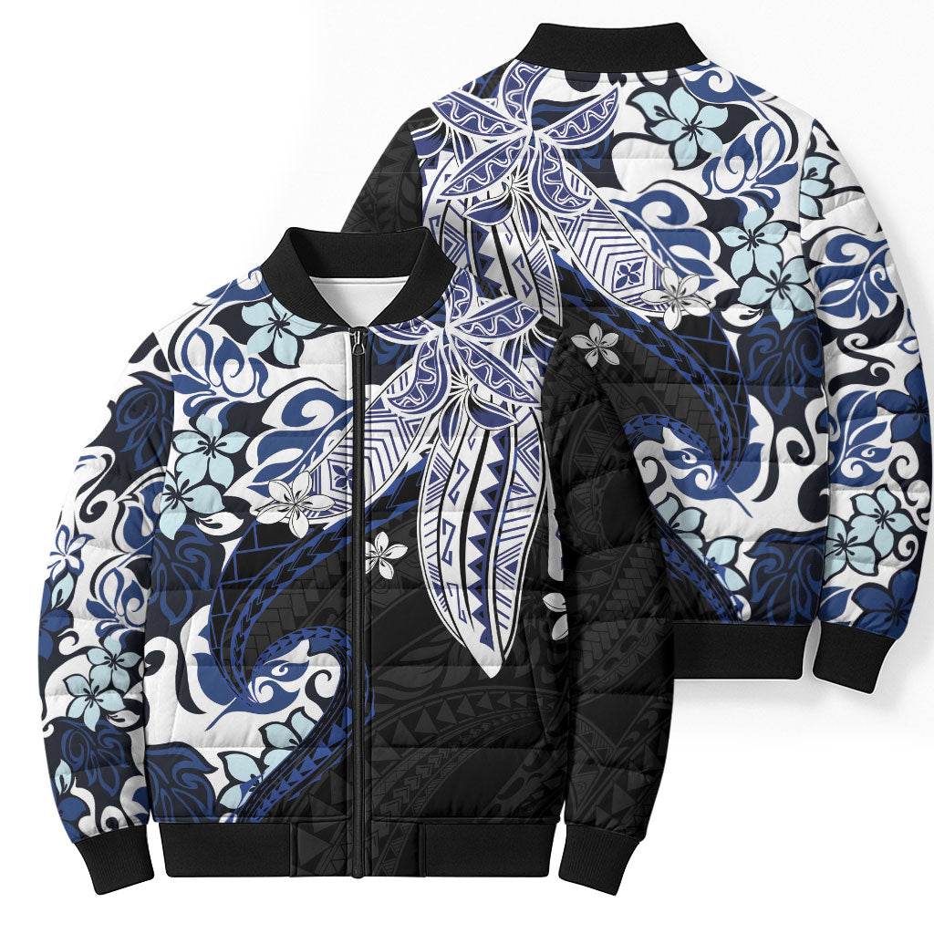 Monstera Plumeria Flowers Blue Bomber Puffer Jacket Polynesian Pattern