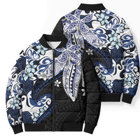 Monstera Plumeria Flowers Blue Bomber Puffer Jacket Polynesian Pattern