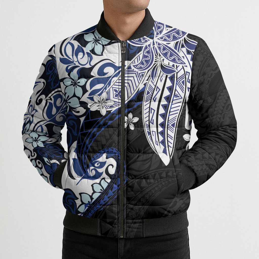 Monstera Plumeria Flowers Blue Bomber Puffer Jacket Polynesian Pattern