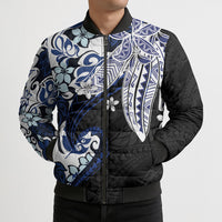 Monstera Plumeria Flowers Blue Bomber Puffer Jacket Polynesian Pattern