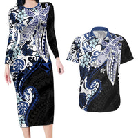 Monstera Plumeria Flowers Blue Couples Matching Long Sleeve Bodycon Dress and Hawaiian Shirt Polynesian Pattern LT01 Blue - Polynesian Pride