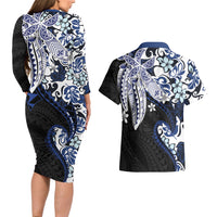 Monstera Plumeria Flowers Blue Couples Matching Long Sleeve Bodycon Dress and Hawaiian Shirt Polynesian Pattern LT01 - Polynesian Pride