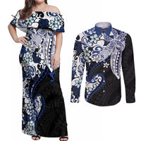 Monstera Plumeria Flowers Blue Couples Matching Off Shoulder Maxi Dress and Long Sleeve Button Shirt Polynesian Pattern
