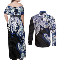 Monstera Plumeria Flowers Blue Couples Matching Off Shoulder Maxi Dress and Long Sleeve Button Shirt Polynesian Pattern