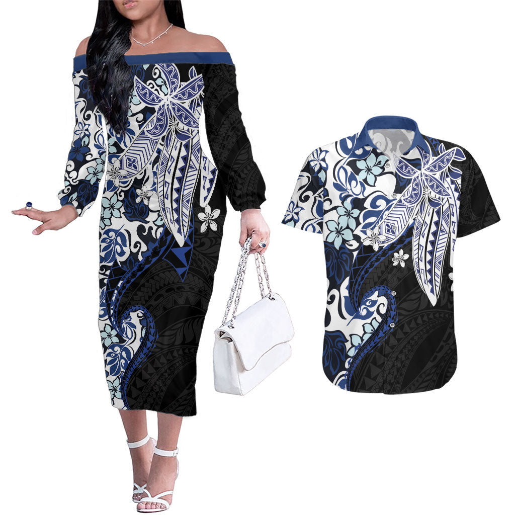 Monstera Plumeria Flowers Blue Couples Matching Off The Shoulder Long Sleeve Dress and Hawaiian Shirt Polynesian Pattern LT01 Blue - Polynesian Pride