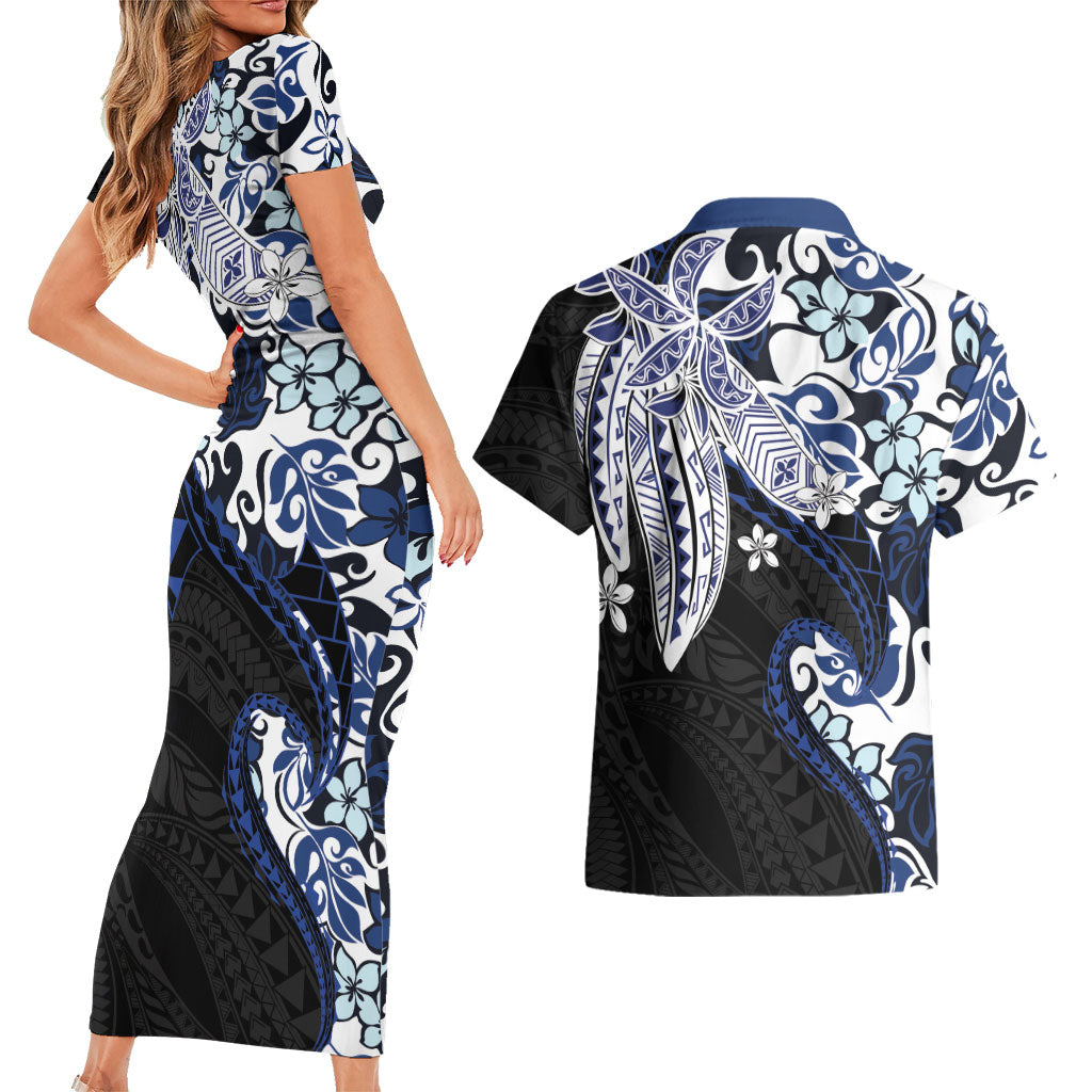 Monstera Plumeria Flowers Blue Couples Matching Short Sleeve Bodycon Dress and Hawaiian Shirt Polynesian Pattern LT01 - Polynesian Pride
