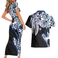 Monstera Plumeria Flowers Blue Couples Matching Short Sleeve Bodycon Dress and Hawaiian Shirt Polynesian Pattern LT01 - Polynesian Pride