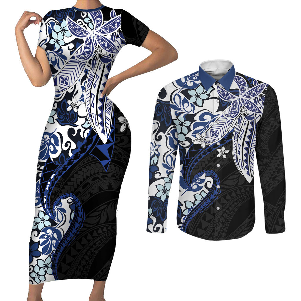 Monstera Plumeria Flowers Blue Couples Matching Short Sleeve Bodycon Dress and Long Sleeve Button Shirt Polynesian Pattern