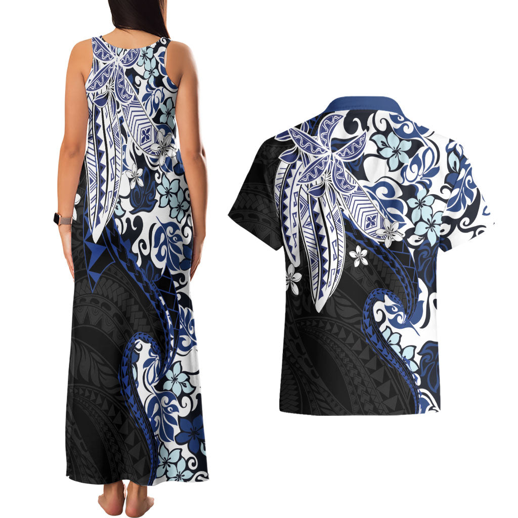 Monstera Plumeria Flowers Blue Couples Matching Tank Maxi Dress and Hawaiian Shirt Polynesian Pattern