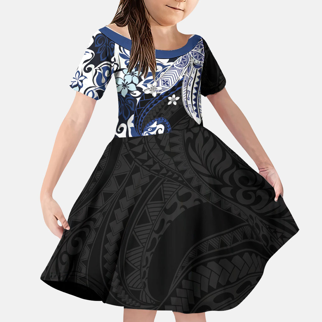Monstera Plumeria Flowers Blue Family Matching Long Sleeve Bodycon Dress and Hawaiian Shirt Polynesian Pattern