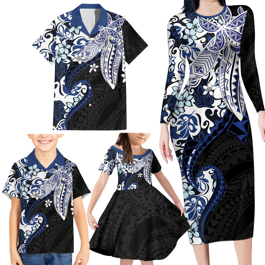 Monstera Plumeria Flowers Blue Family Matching Long Sleeve Bodycon Dress and Hawaiian Shirt Polynesian Pattern