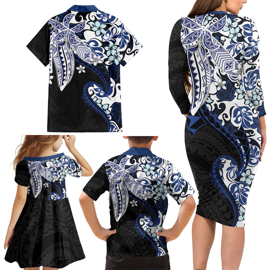 Monstera Plumeria Flowers Blue Family Matching Long Sleeve Bodycon Dress and Hawaiian Shirt Polynesian Pattern