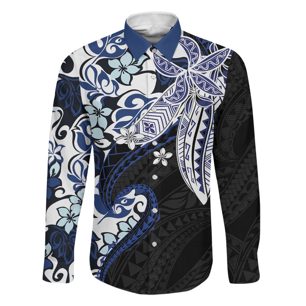 Monstera Plumeria Flowers Blue Family Matching Long Sleeve Bodycon Dress and Hawaiian Shirt Polynesian Pattern