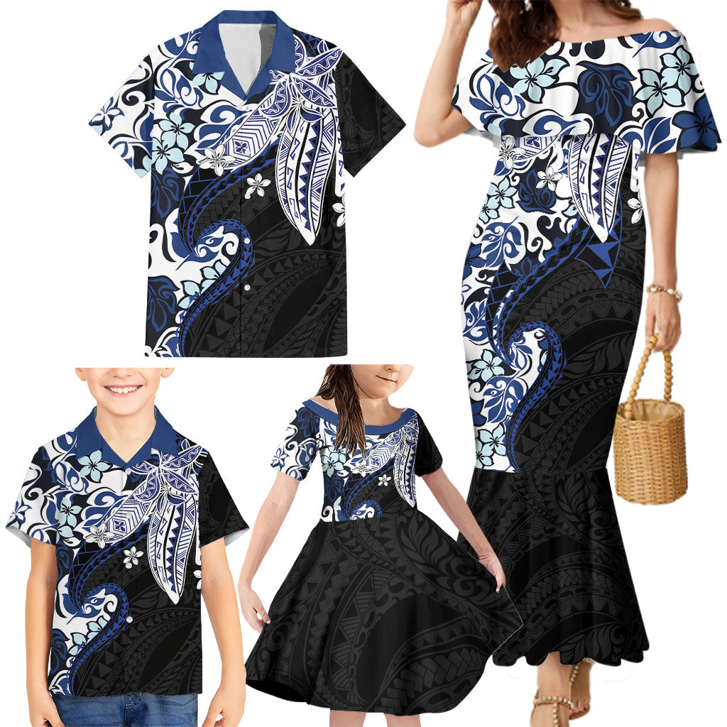 Monstera Plumeria Flowers Blue Family Matching Mermaid Dress and Hawaiian Shirt Polynesian Pattern