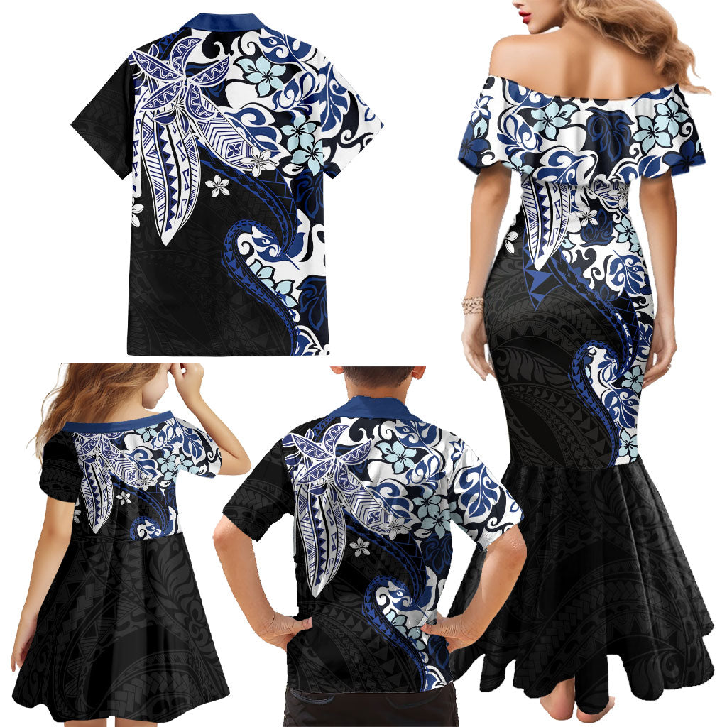 Monstera Plumeria Flowers Blue Family Matching Mermaid Dress and Hawaiian Shirt Polynesian Pattern LT01 - Polynesian Pride