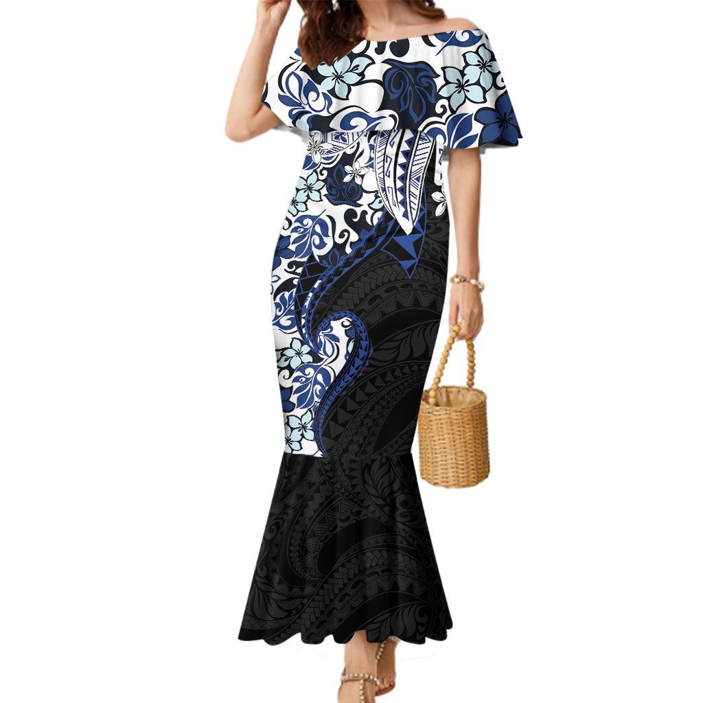 Monstera Plumeria Flowers Blue Family Matching Mermaid Dress and Hawaiian Shirt Polynesian Pattern LT01 Mom's Dress Blue - Polynesian Pride