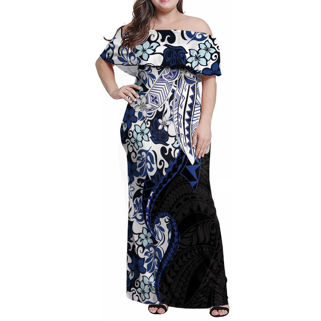 Monstera Plumeria Flowers Blue Family Matching Off Shoulder Maxi Dress and Hawaiian Shirt Polynesian Pattern