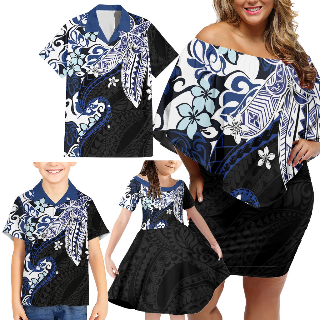 Monstera Plumeria Flowers Blue Family Matching Off Shoulder Short Dress and Hawaiian Shirt Polynesian Pattern LT01 - Polynesian Pride