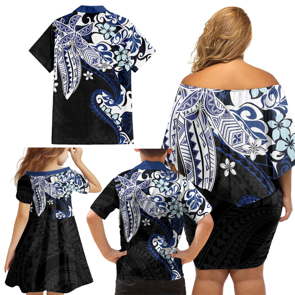 Monstera Plumeria Flowers Blue Family Matching Off Shoulder Short Dress and Hawaiian Shirt Polynesian Pattern LT01 - Polynesian Pride