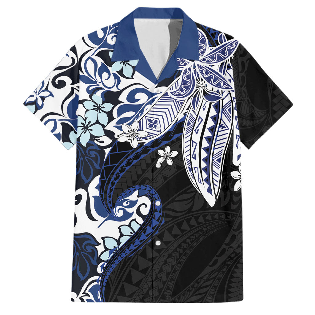 Monstera Plumeria Flowers Blue Family Matching Off Shoulder Short Dress and Hawaiian Shirt Polynesian Pattern LT01 Dad's Shirt - Short Sleeve Blue - Polynesian Pride