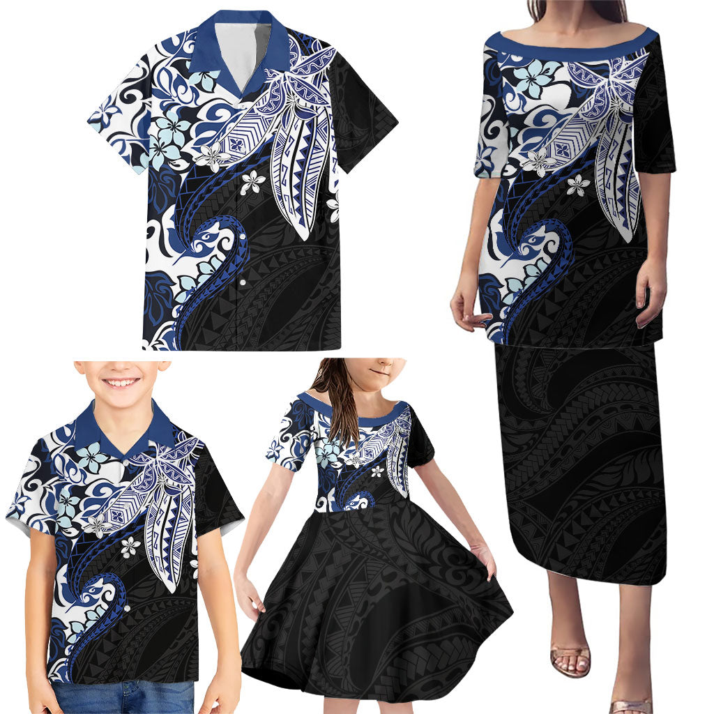 Monstera Plumeria Flowers Blue Family Matching Puletasi and Hawaiian Shirt Polynesian Pattern LT01 - Polynesian Pride