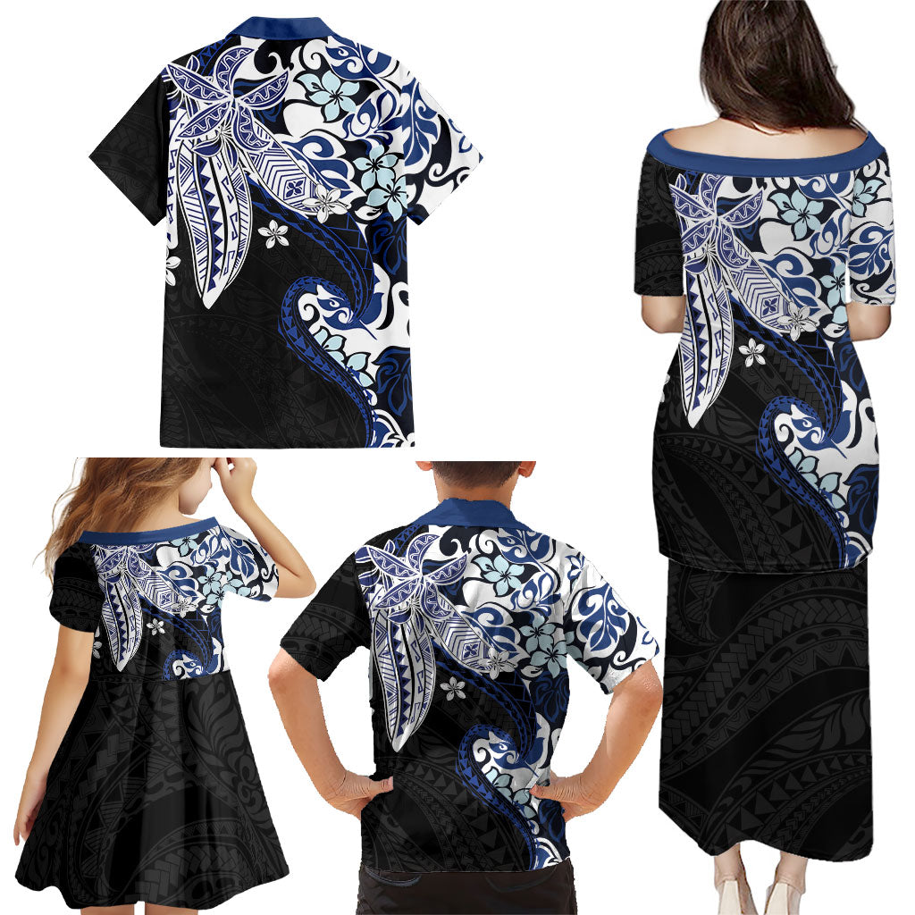 Monstera Plumeria Flowers Blue Family Matching Puletasi and Hawaiian Shirt Polynesian Pattern LT01 - Polynesian Pride