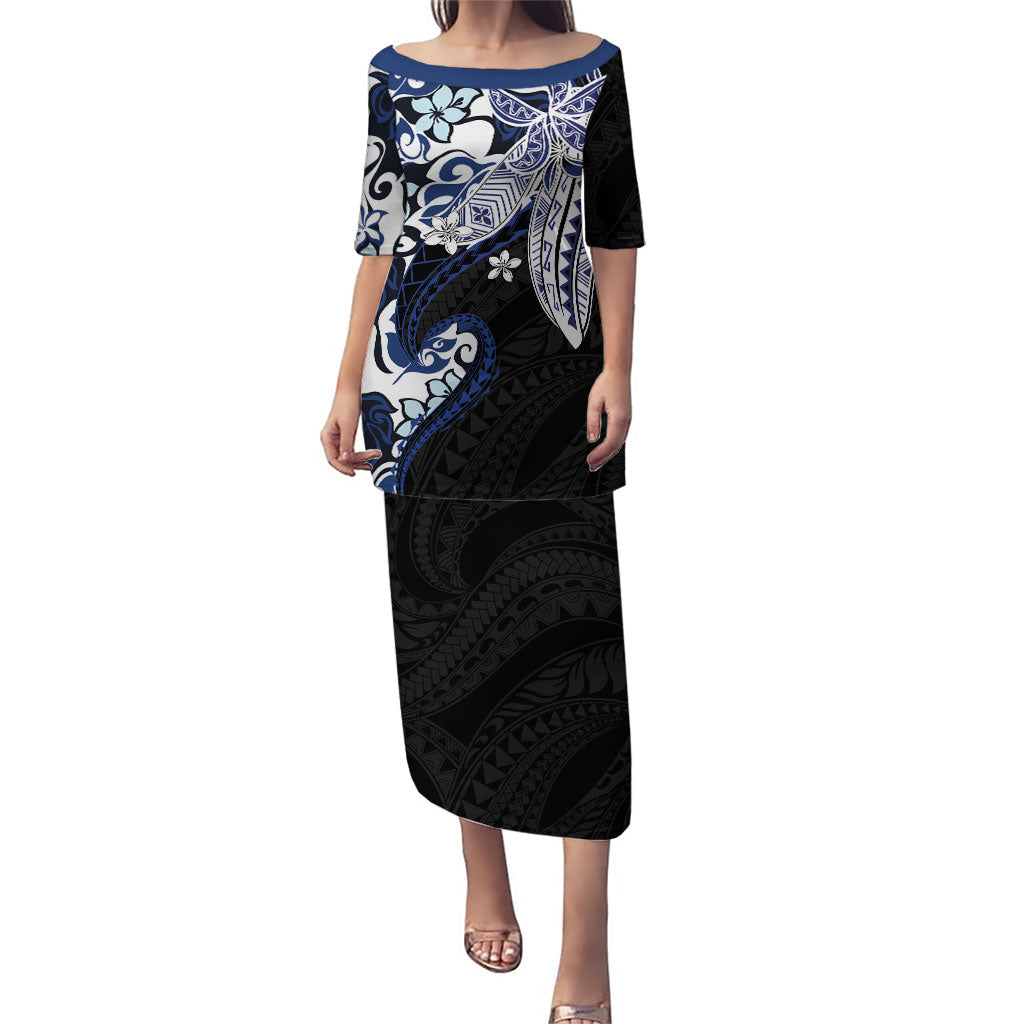 Monstera Plumeria Flowers Blue Family Matching Puletasi and Hawaiian Shirt Polynesian Pattern LT01 Mom's Dress Blue - Polynesian Pride
