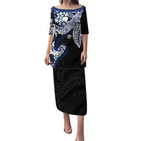 Monstera Plumeria Flowers Blue Family Matching Puletasi and Hawaiian Shirt Polynesian Pattern LT01 Mom's Dress Blue - Polynesian Pride