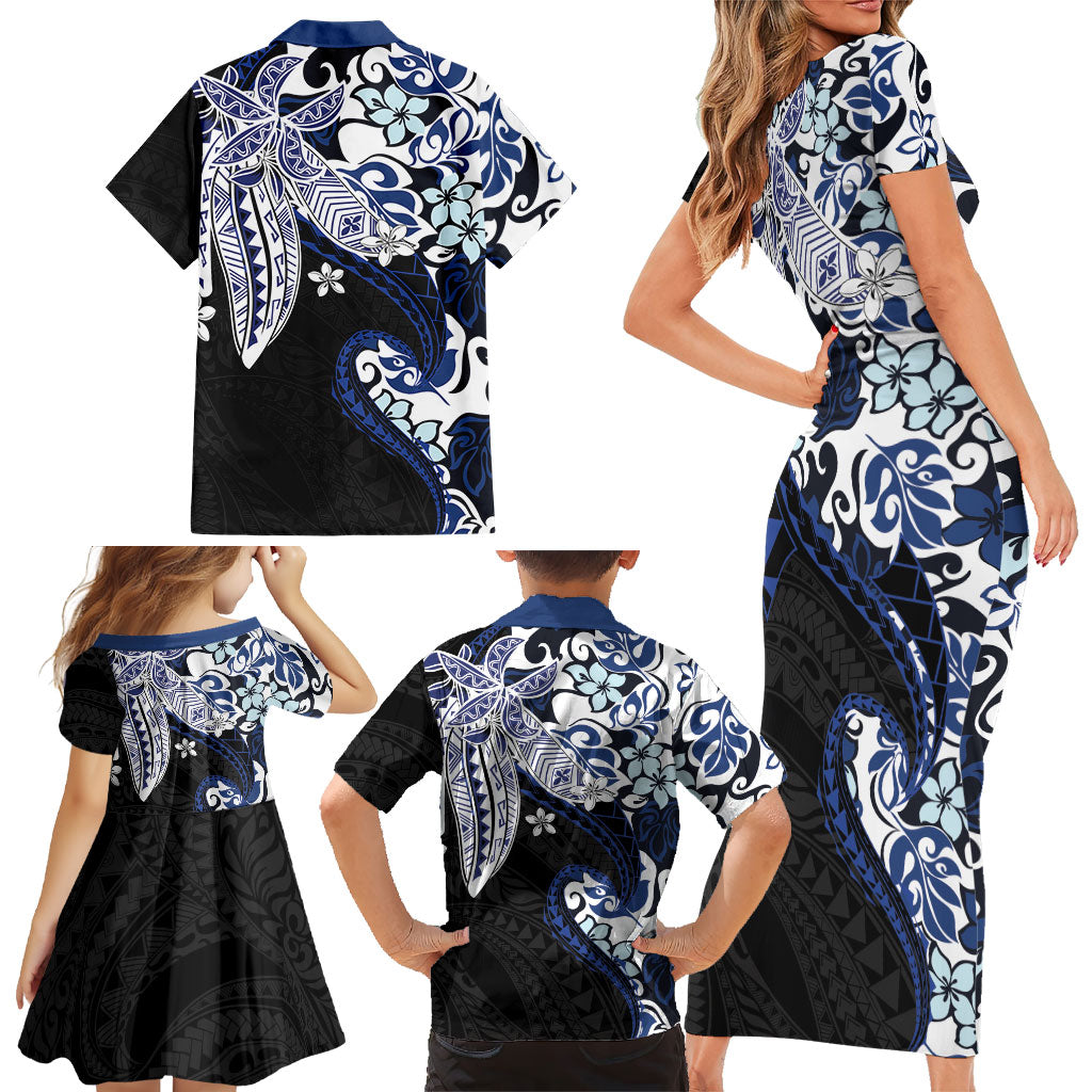 Monstera Plumeria Flowers Blue Family Matching Short Sleeve Bodycon Dress and Hawaiian Shirt Polynesian Pattern